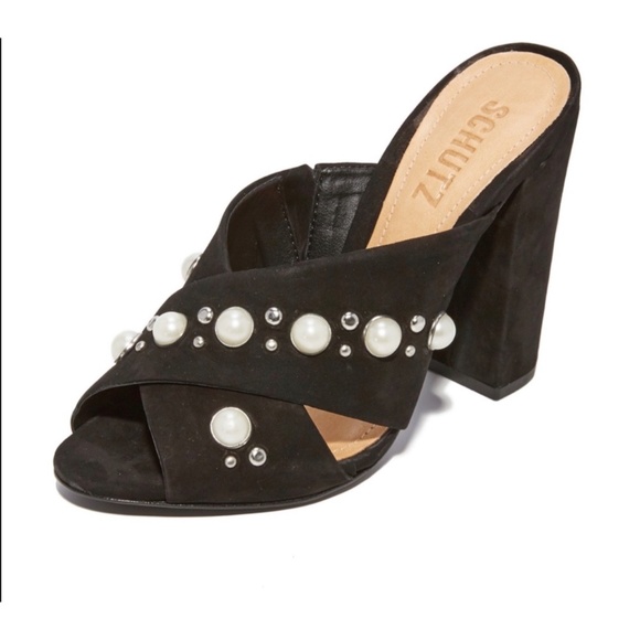 SCHUTZ Black Suede Imitation Pearl Deco. Heel Open Toed Mule - Picture 1 of 9